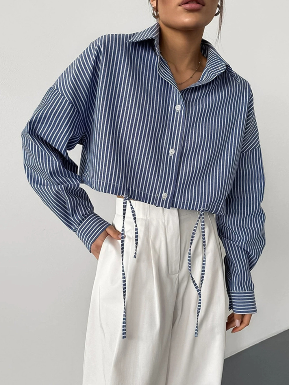 Forever 21 Spring Office Blue Striped Cropped Shirt Tie Front